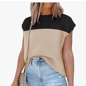 Cap Sleeve Black and Tan Colorblock Sweater Knit Top. Size M. NWT